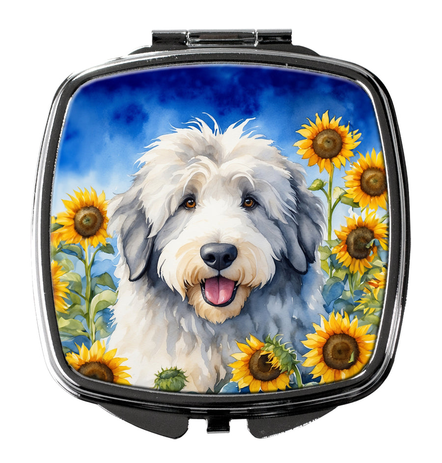 Old English Sheepdog in Sunflowers Compact Mirror Image 1