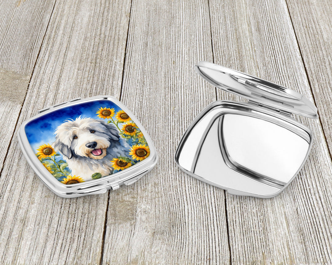 Old English Sheepdog in Sunflowers Compact Mirror Image 3