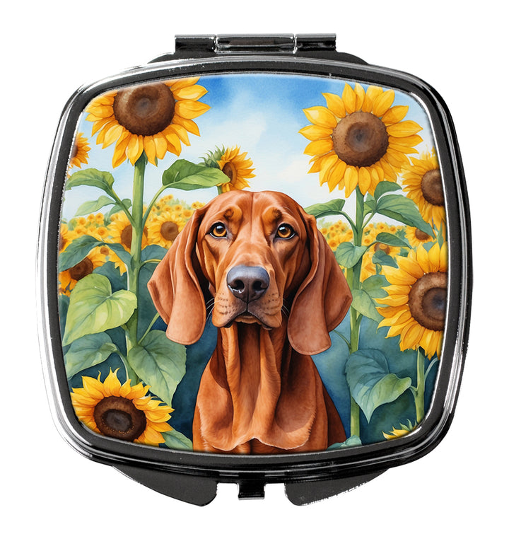 Redbone Coonhound in Sunflowers Compact Mirror Image 1