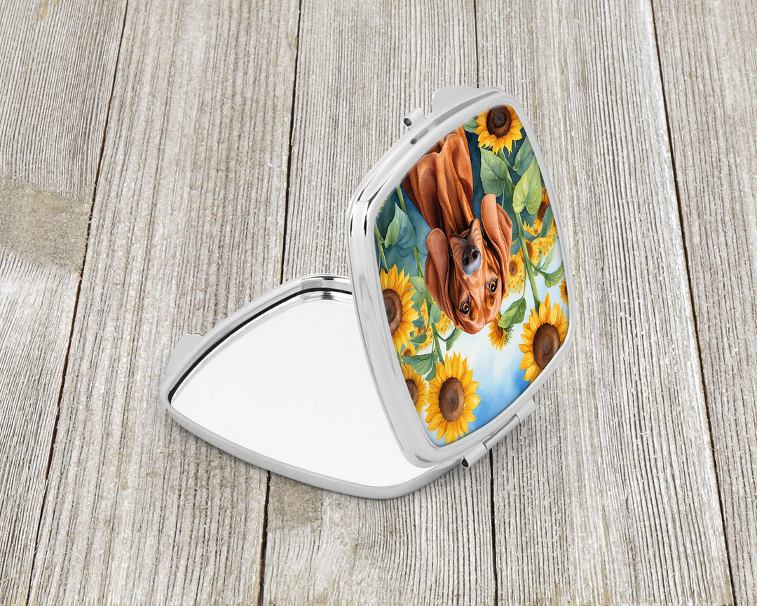 Redbone Coonhound in Sunflowers Compact Mirror Image 2