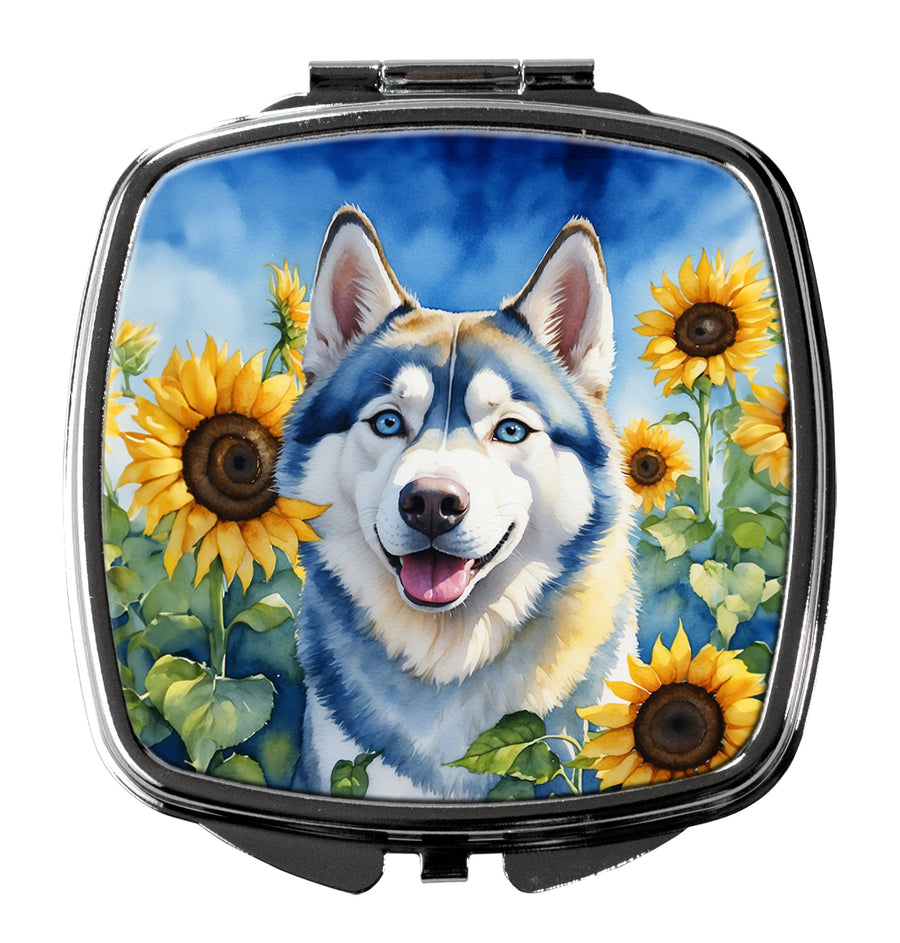 Siberian Husky in Sunflowers Compact Mirror Image 1