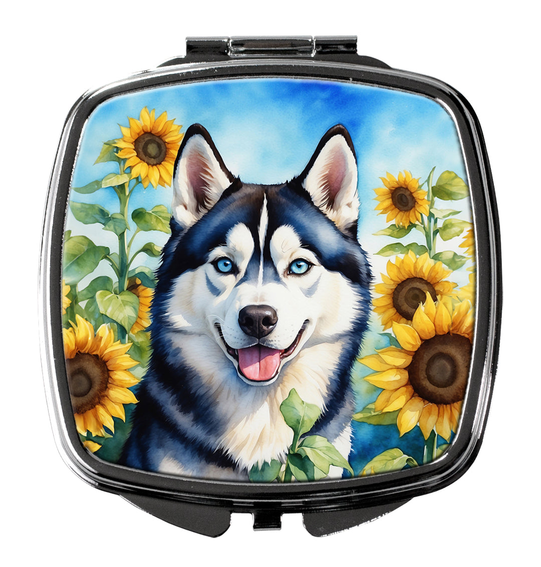 Siberian Husky in Sunflowers Compact Mirror Image 1