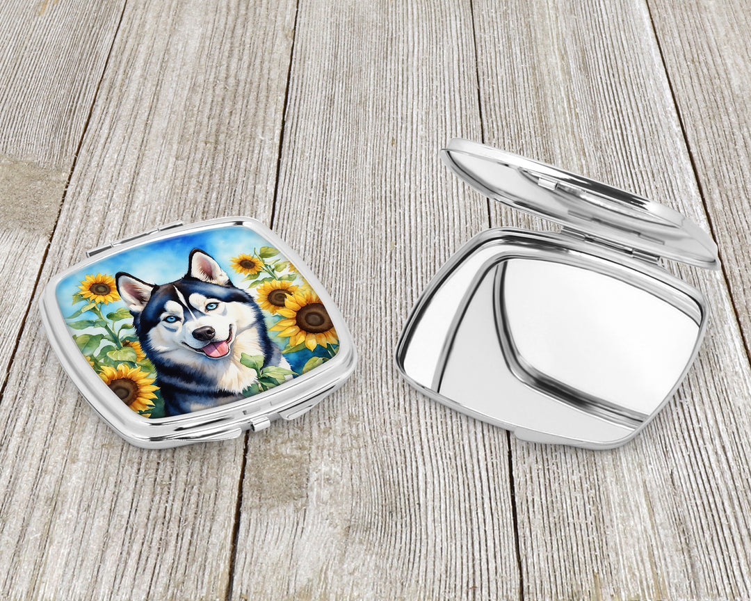 Siberian Husky in Sunflowers Compact Mirror Image 3