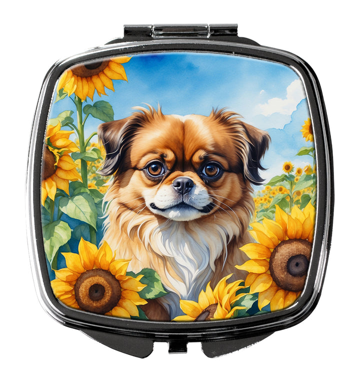 Tibetan Spaniel in Sunflowers Compact Mirror Image 1