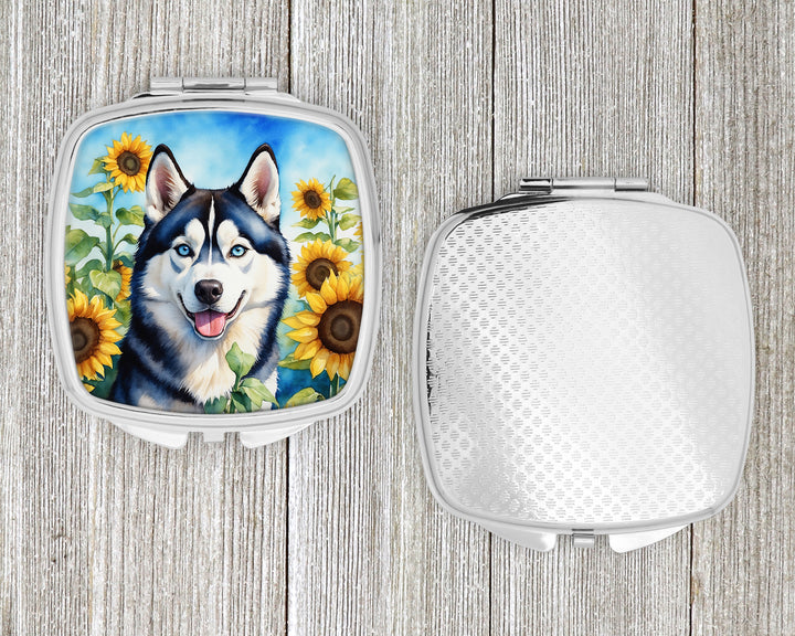 Siberian Husky in Sunflowers Compact Mirror Image 4