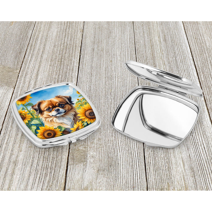 Tibetan Spaniel in Sunflowers Compact Mirror Image 3