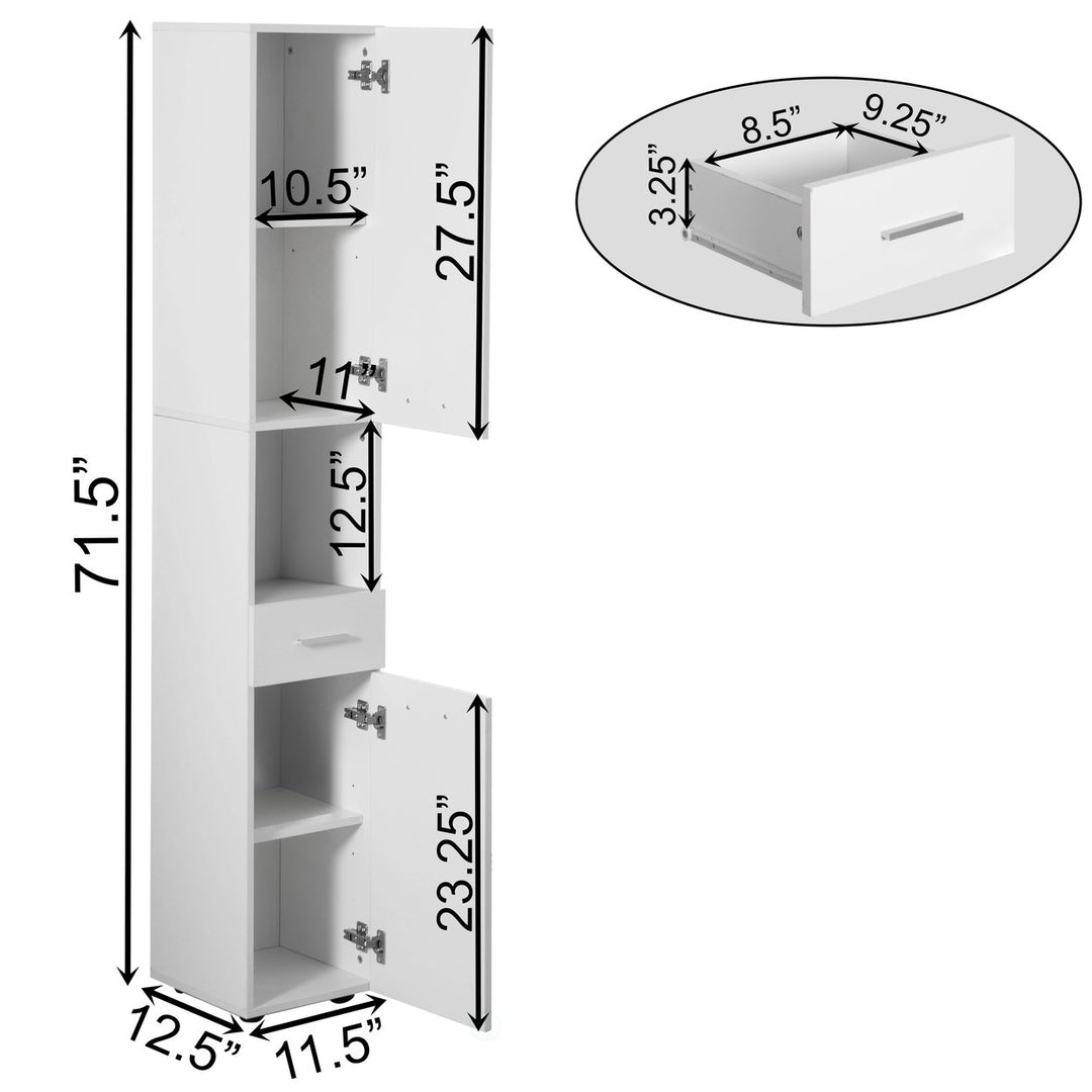 71.5" Tall Corner Shelf Cabinet with 2 Doors 1 Drawer Linen Tower Storage White Image 6