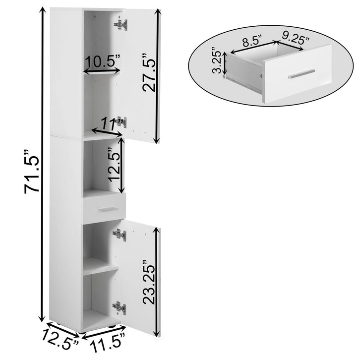 71.5" Tall Corner Shelf Cabinet with 2 Doors 1 Drawer Linen Tower Storage White Image 6