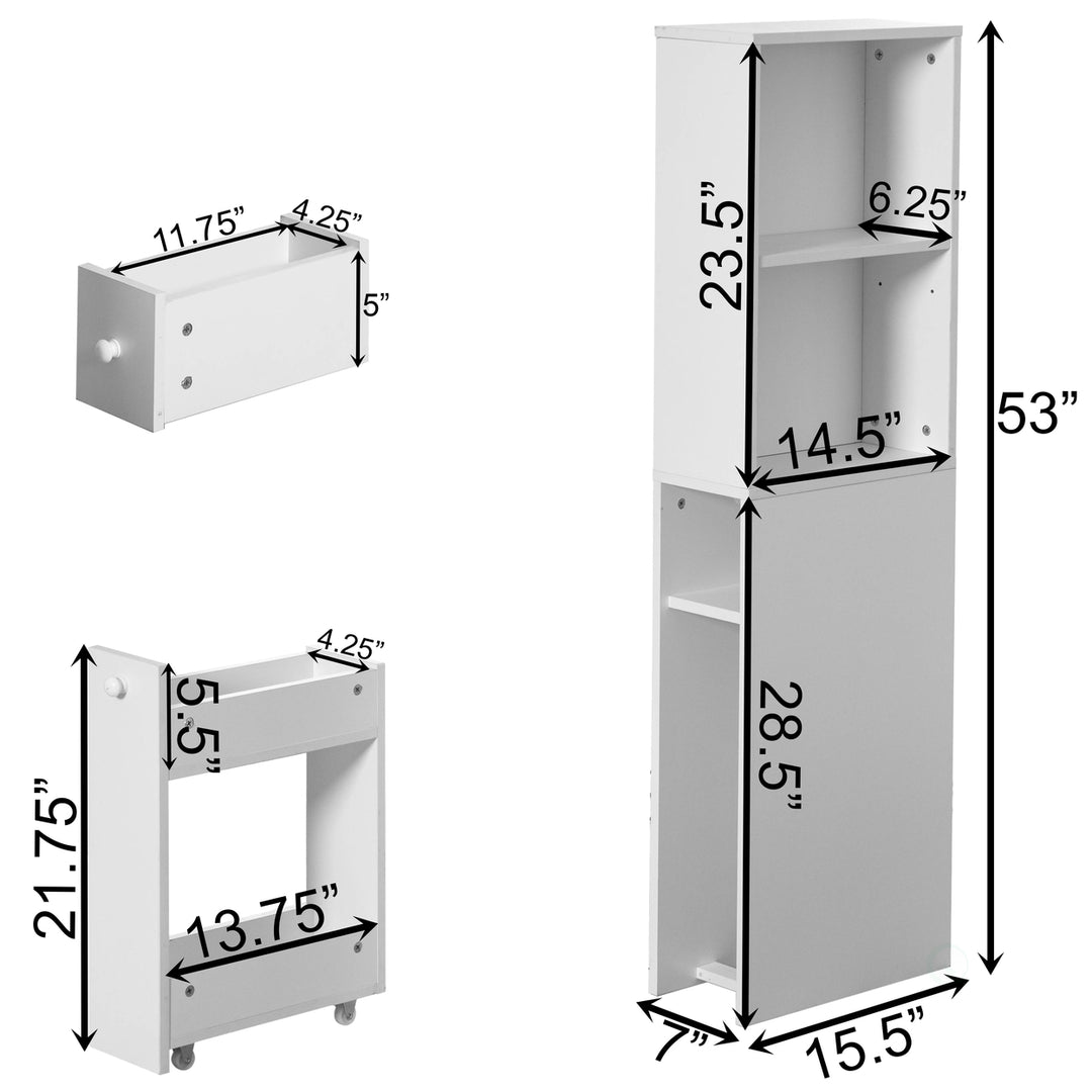 Narrow Slim Bathroom Storage Cabinet White Freestanding Organizer with Drawers Image 6