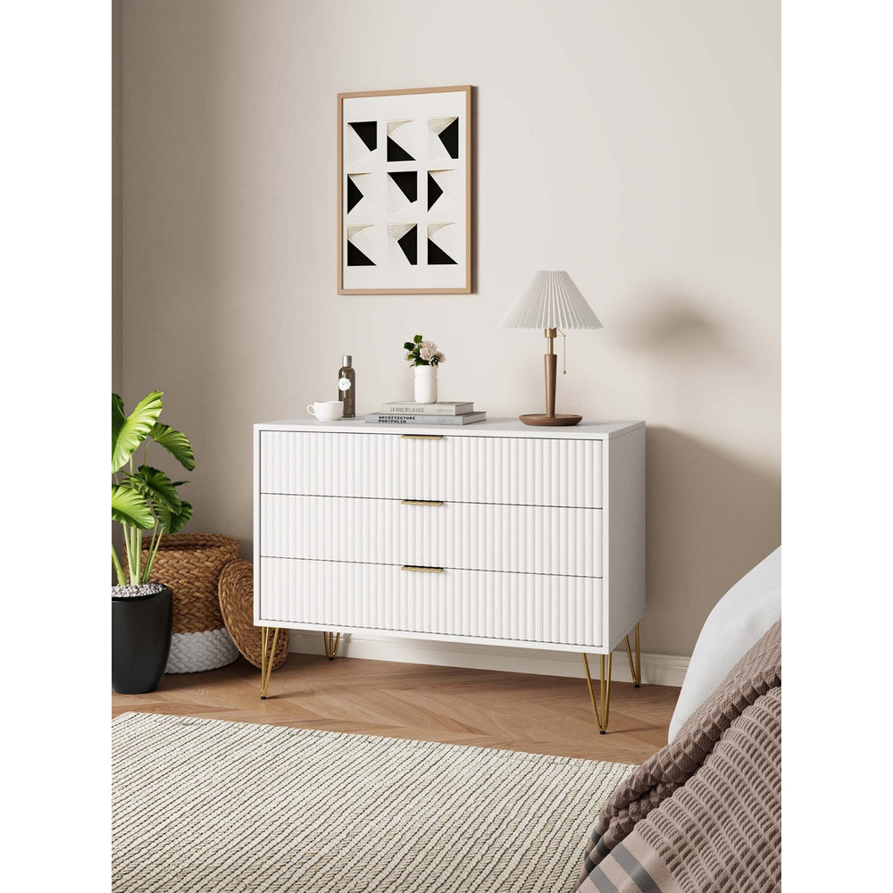 Manhattan Comfort DUMBO Modern Dresser 3 Drawers Vertical Ribbed Front Metal Legs Image 2