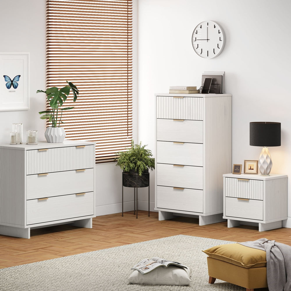 3-Piece Granville Modern Solid Wood Standard Dresser, Tall Narrow Chest and Nightstand Set Image 2
