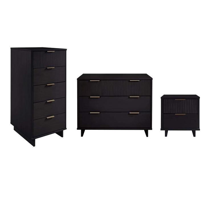 Granville 3-Piece Solid Wood Dresser Chest Nightstand Set Modern Glam Black Image 4