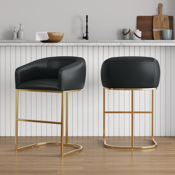 Louvre Mid-Century Modern Leatherette Upholstered Barstool in Black and Titanium Gold- Set of 2 Image 2