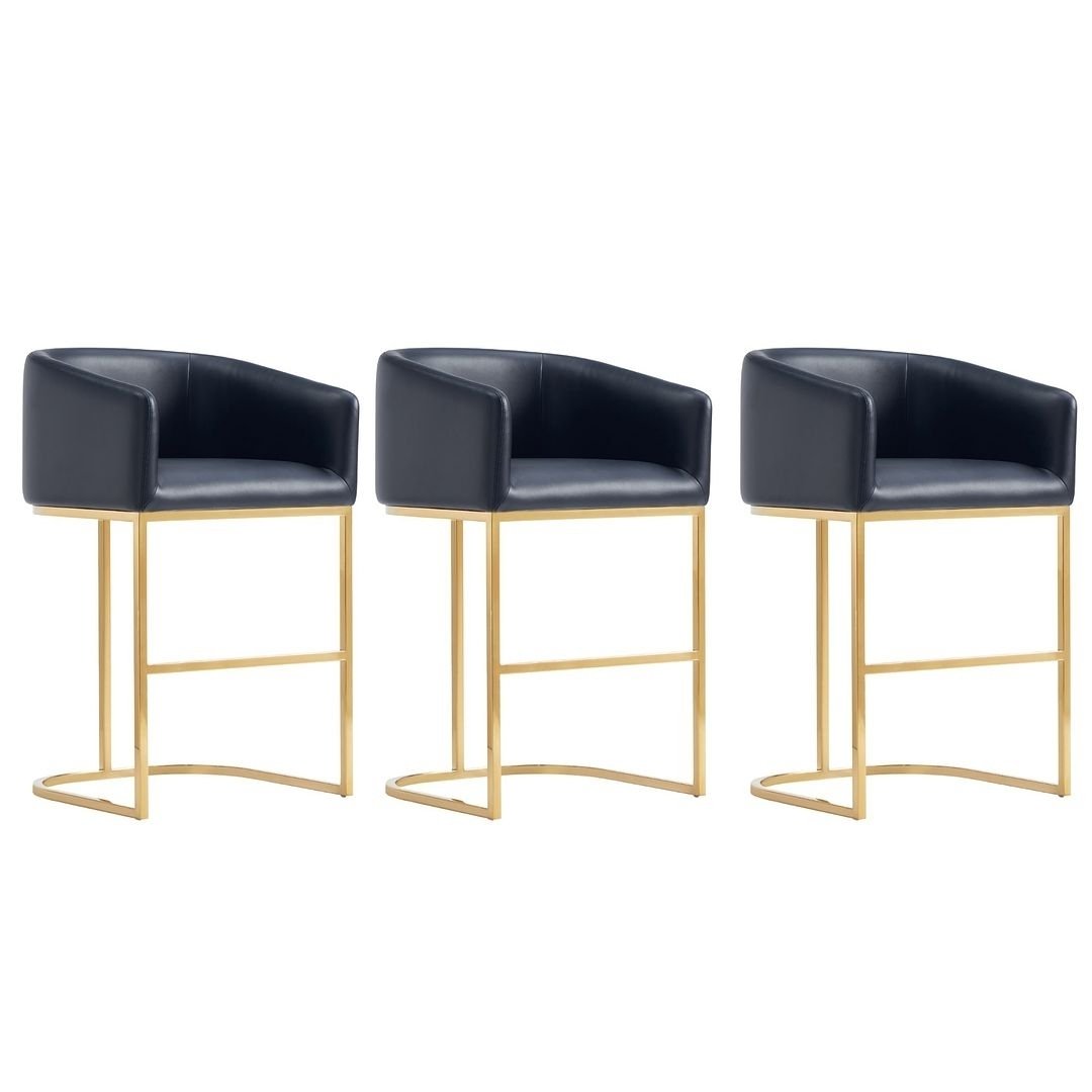 Louvre Mid-Century Modern Leatherette Upholstered Counter Stool in Black and Titanium Gold- Set of 3 Image 1