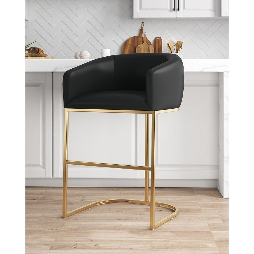 Louvre Mid-Century Modern Barstool Leatherette Upholstered Black Gold Accent Image 2