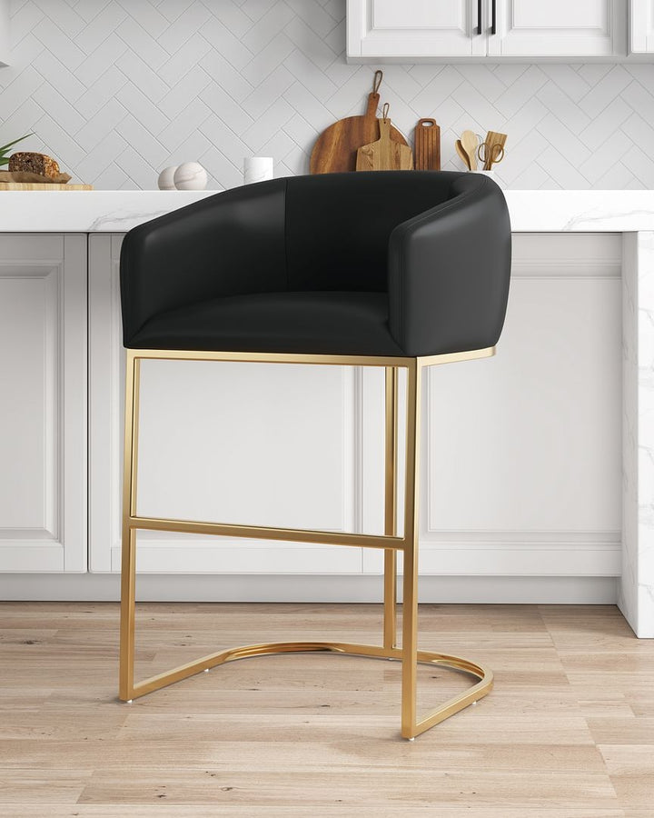 Louvre Mid-Century Modern Leatherette Upholstered Barstool in Black and Titanium Gold Image 2