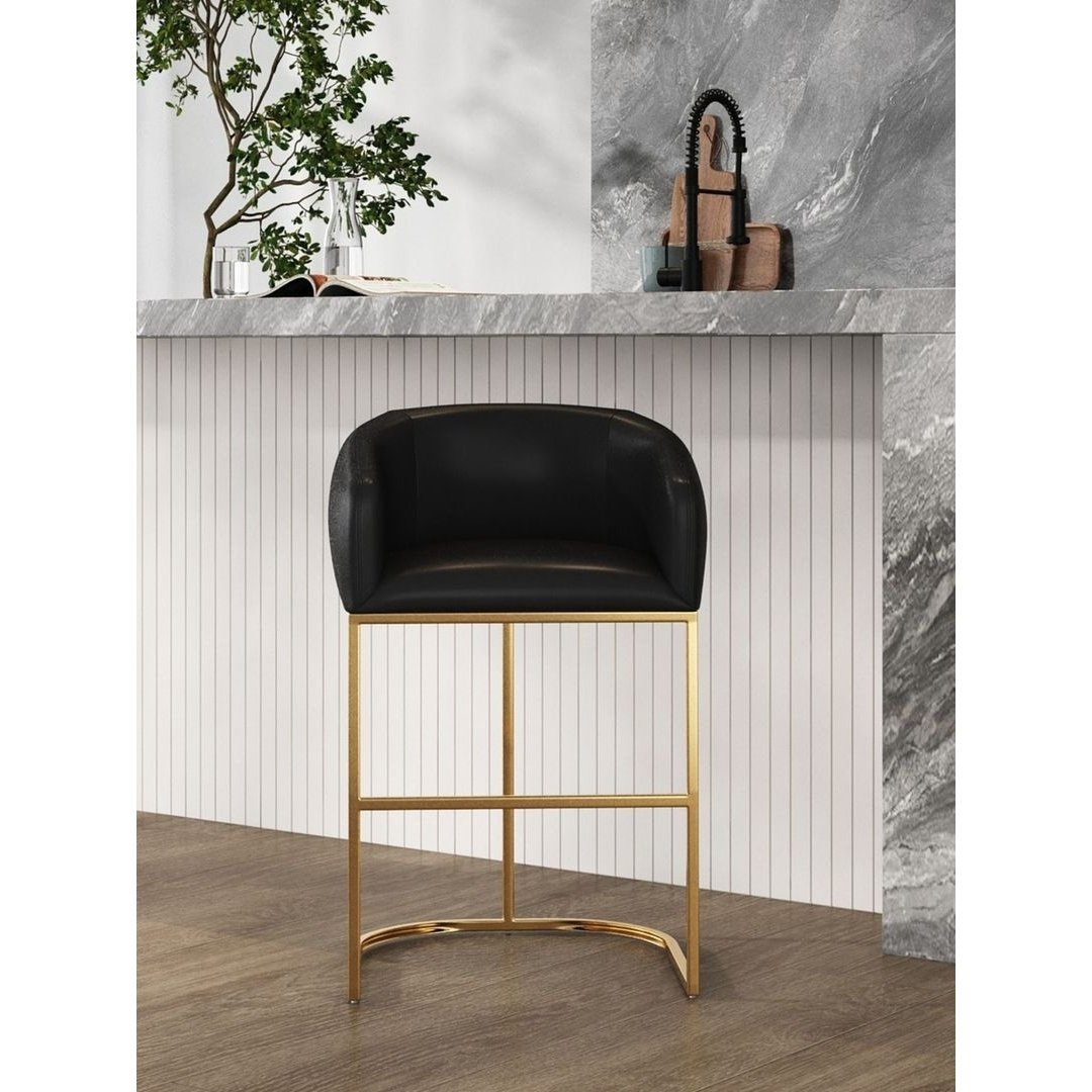 Louvre Mid-Century Modern Leatherette Upholstered Counter Stool in Black and Titanium Gold Image 2