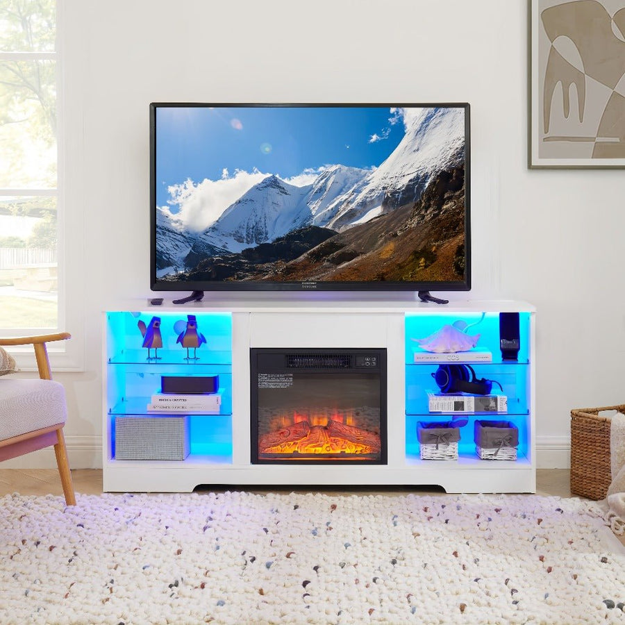 Modern Electric Fireplace TV Stand with Glass Shelves LED Lights USB Charging for TVs up to 62 Inches White 58x15.5x24.4 Image 1