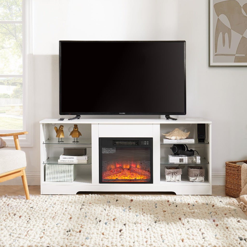 Modern Electric Fireplace TV Stand with Glass Shelves LED Lights USB Charging for TVs up to 62 Inches White 58x15.5x24.4 Image 2