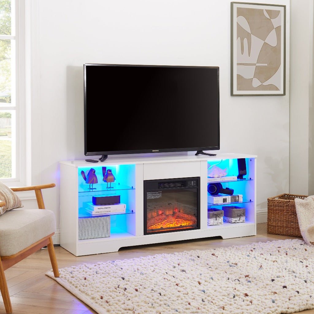 Modern Electric Fireplace TV Stand with Glass Shelves LED Lights USB Charging for TVs up to 62 Inches White 58x15.5x24.4 Image 3