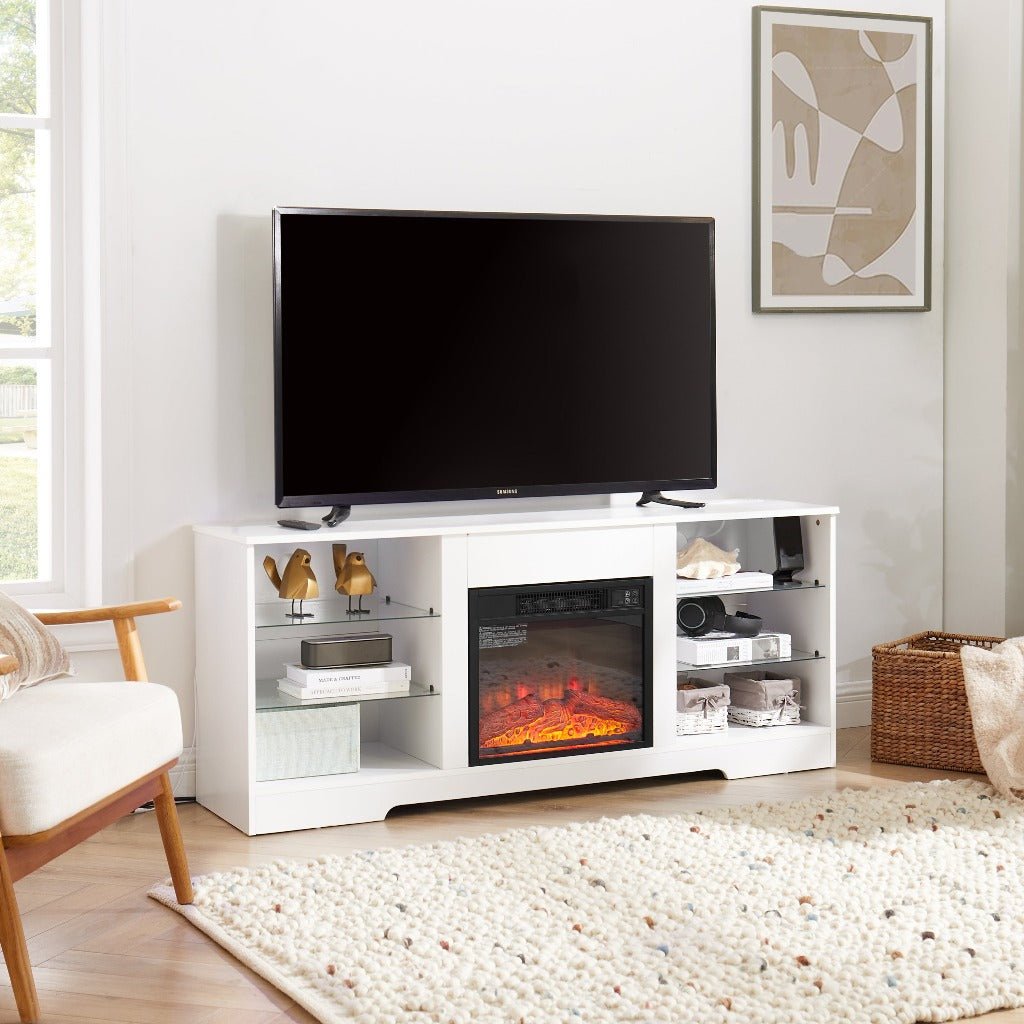 Modern Electric Fireplace TV Stand with Glass Shelves LED Lights USB Charging for TVs up to 62 Inches White 58x15.5x24.4 Image 4