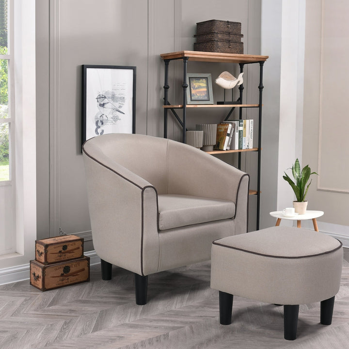 Modern Accent Chair with Ottoman Fabric Beige Small Space Living Room Office Image 2