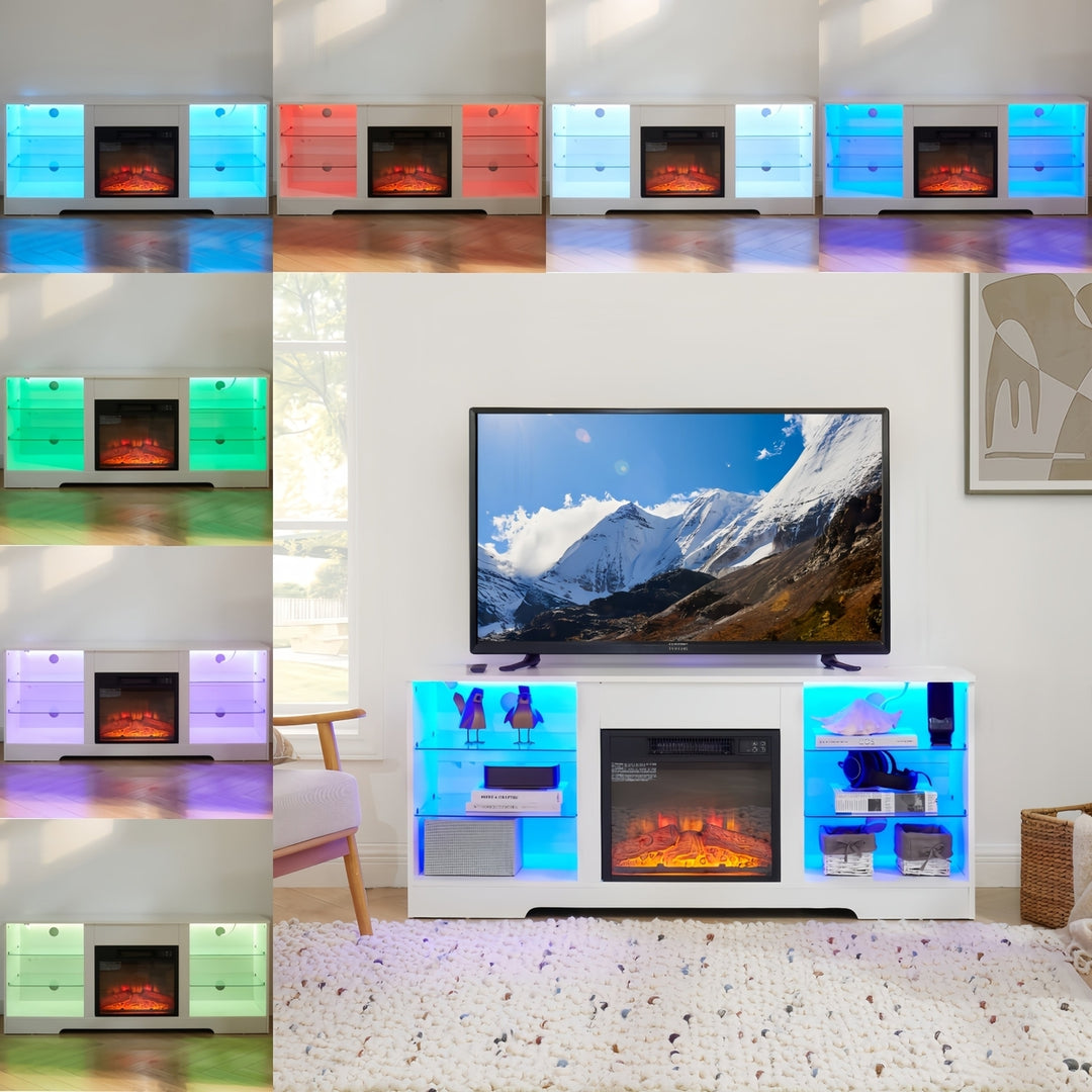 Modern Electric Fireplace TV Stand with Glass Shelves LED Lights USB Charging for TVs up to 62 Inches White 58x15.5x24.4 Image 12