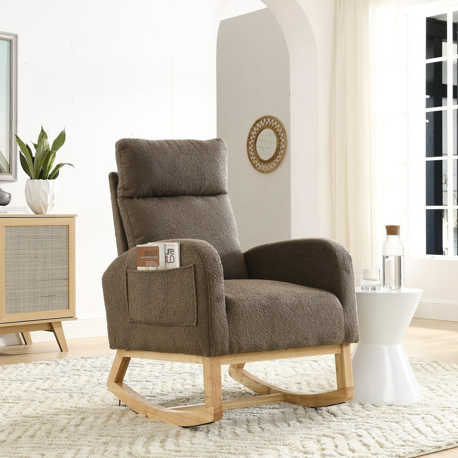 Modern Accent High Backrest Living Room Lounge Arm Rocking Chair with Two Side Pocket Image 1