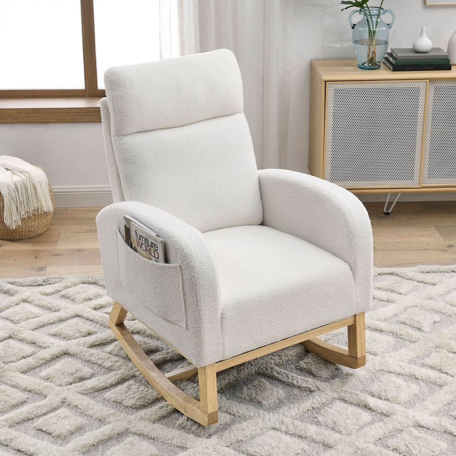 Modern High Backrest Rocking Chair Ivory Teddy with Side Pockets 27.6 Width Image 1