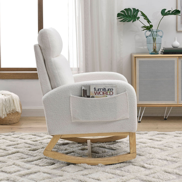 Modern High Backrest Rocking Chair Ivory Teddy with Side Pockets 27.6 Width Image 2