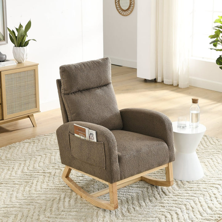 Modern Accent High Backrest Living Room Lounge Arm Rocking Chair with Two Side Pocket Image 3