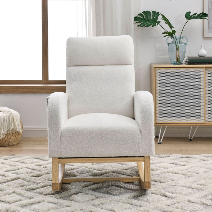 Modern High Backrest Rocking Chair Ivory Teddy with Side Pockets 27.6 Width Image 3