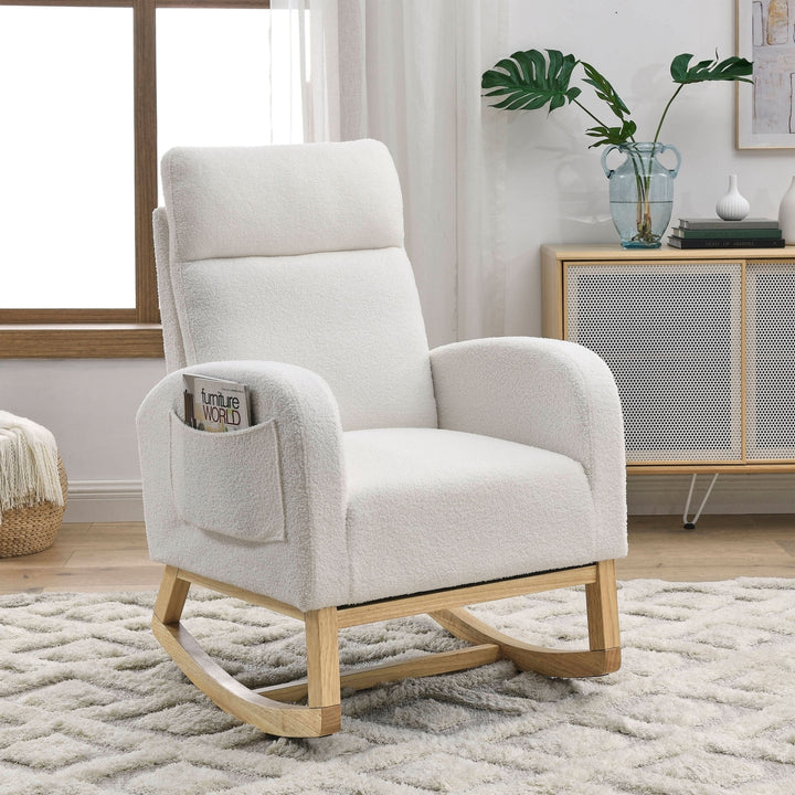 Modern High Backrest Rocking Chair Ivory Teddy with Side Pockets 27.6 Width Image 4