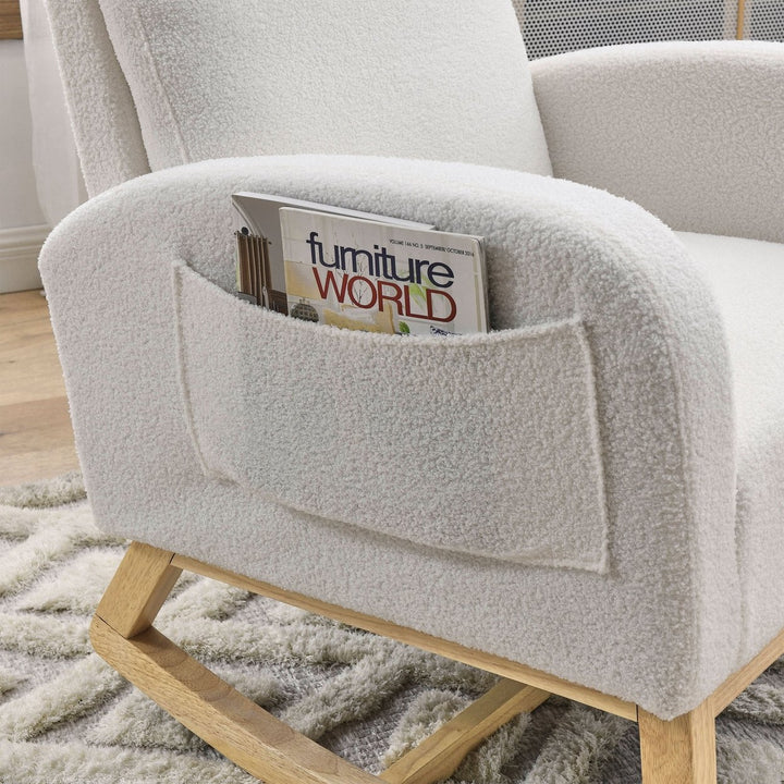 Modern High Backrest Rocking Chair Ivory Teddy with Side Pockets 27.6 Width Image 6