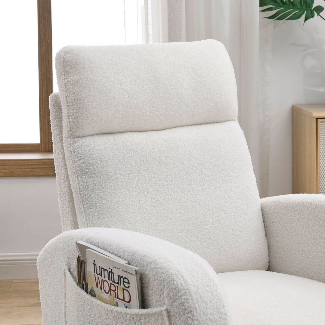 Modern High Backrest Rocking Chair Ivory Teddy with Side Pockets 27.6 Width Image 7