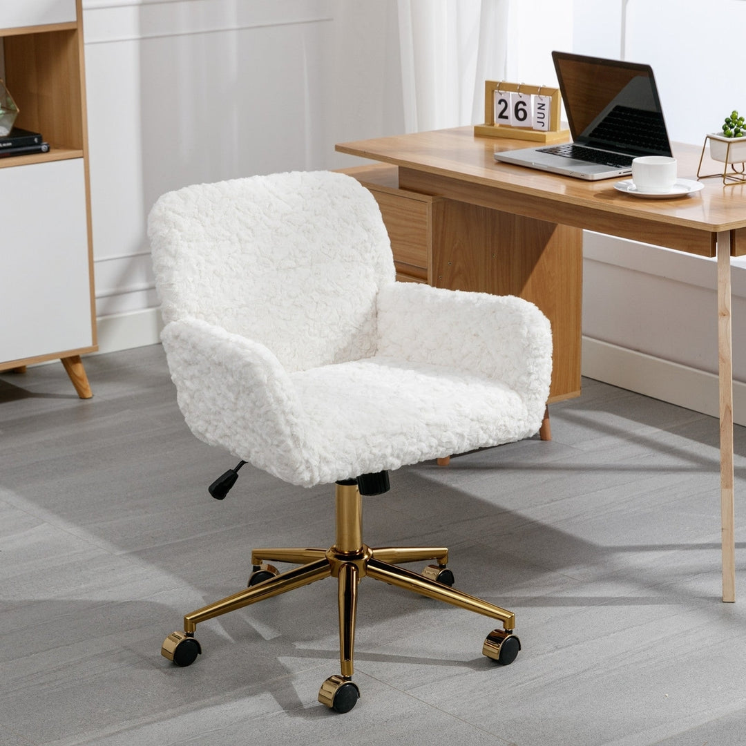 Modern Adjustable Swivel Office Chair with Golden Metal Base and Artificial Rabbit Hair, Vanity Chair for Home Office Image 1