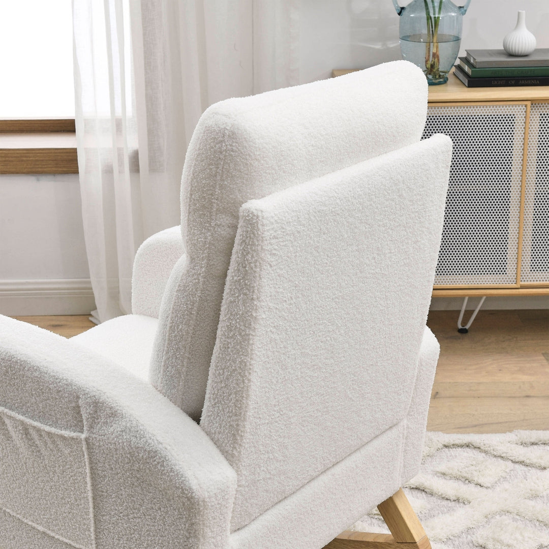 Modern High Backrest Rocking Chair Ivory Teddy with Side Pockets 27.6 Width Image 8