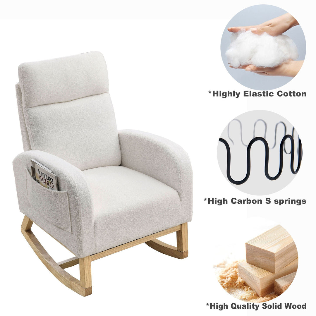 Modern High Backrest Rocking Chair Ivory Teddy with Side Pockets 27.6 Width Image 10