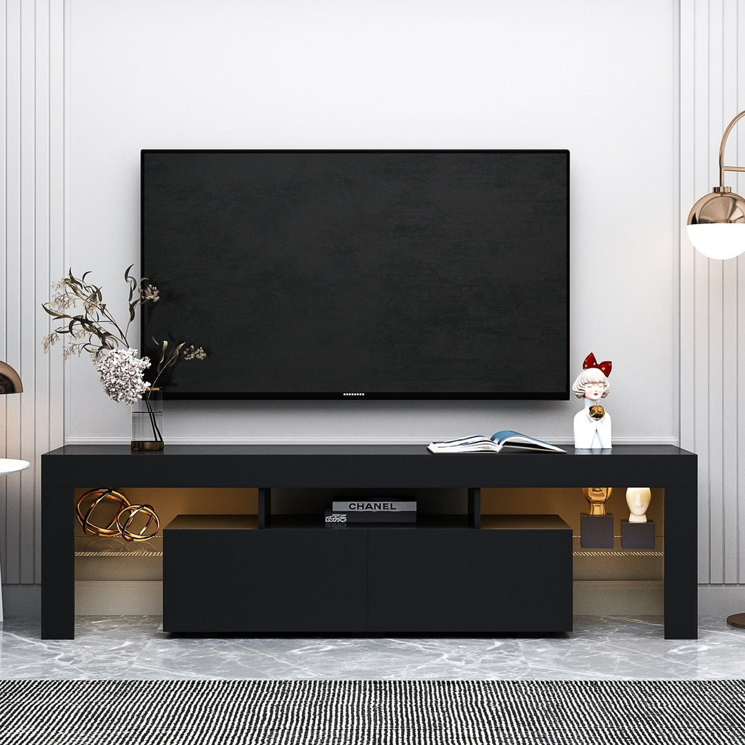 Modern Black TV Stand for 70-inch TV with 20 Colors LED Lights Remote Control Image 1