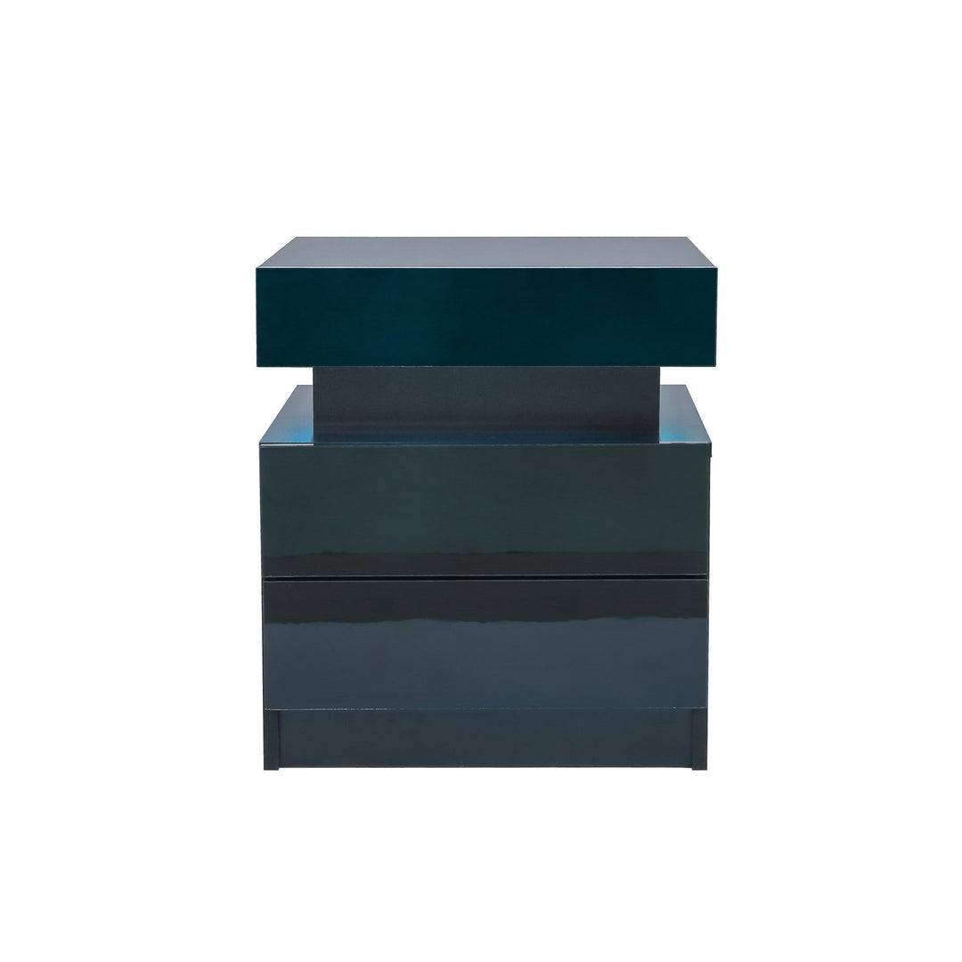 Modern Black LED Nightstand with High Gloss Drawers for Bedroom - Wood LED Bedside Table with LED Lights Image 3