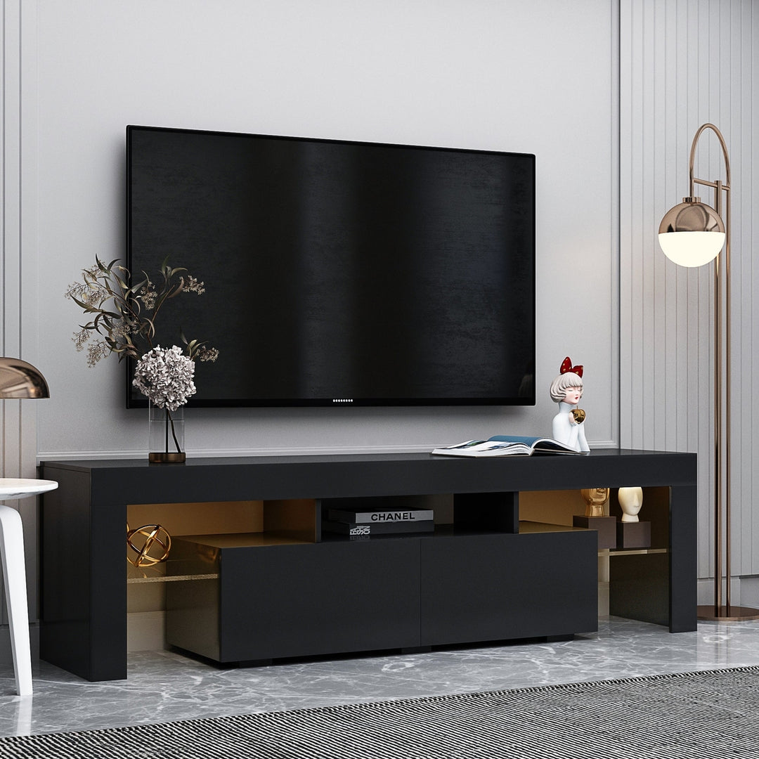 Modern Black TV Stand for 70-inch TV with 20 Colors LED Lights Remote Control Image 2