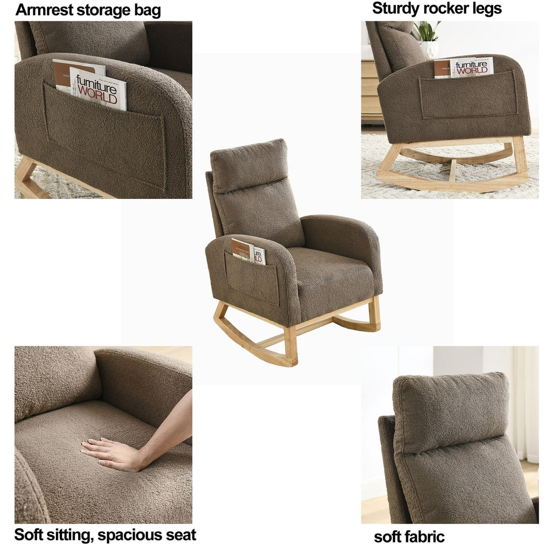 Modern Accent High Backrest Living Room Lounge Arm Rocking Chair with Two Side Pocket Image 12