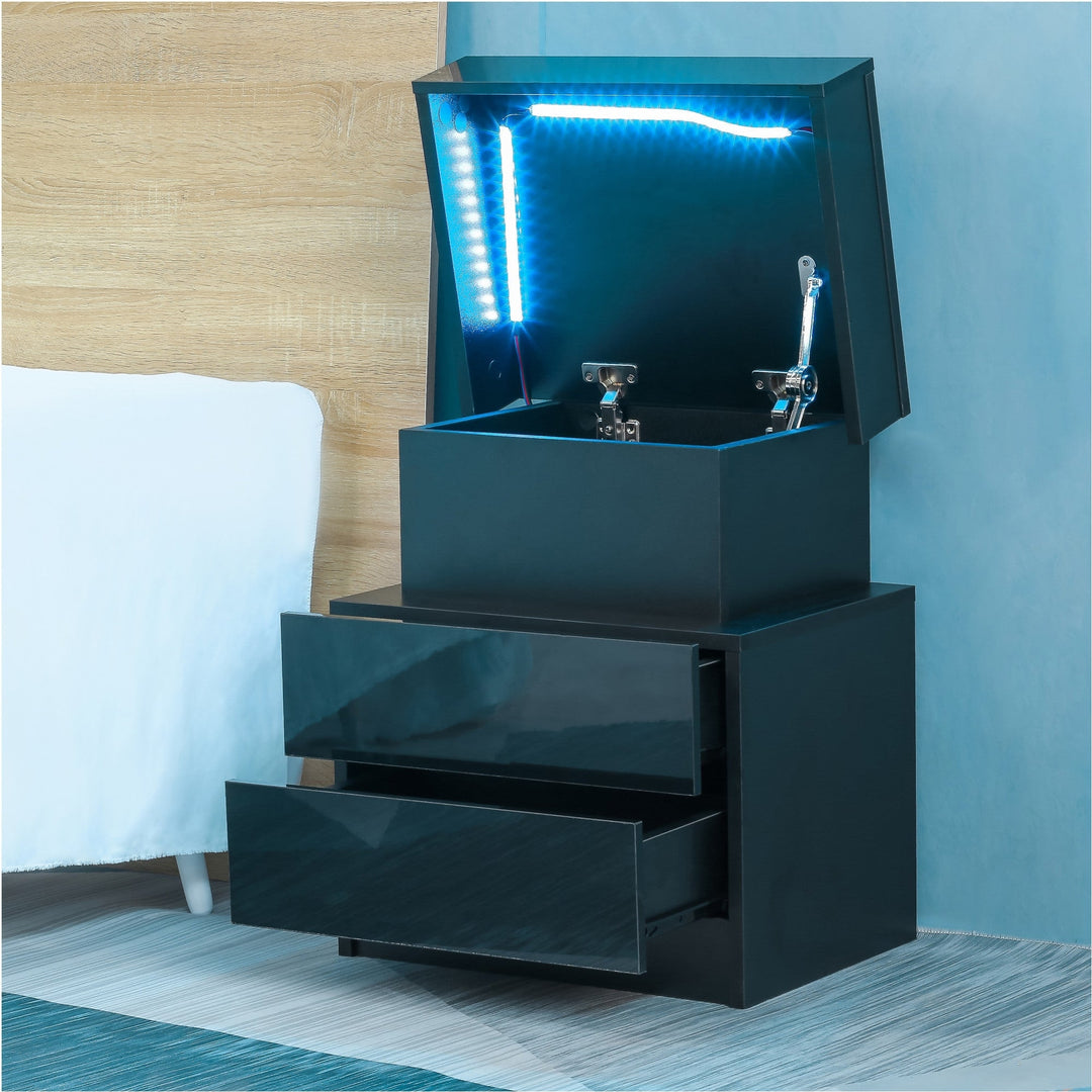 Modern Black LED Nightstand with High Gloss Drawers for Bedroom - Wood LED Bedside Table with LED Lights Image 4