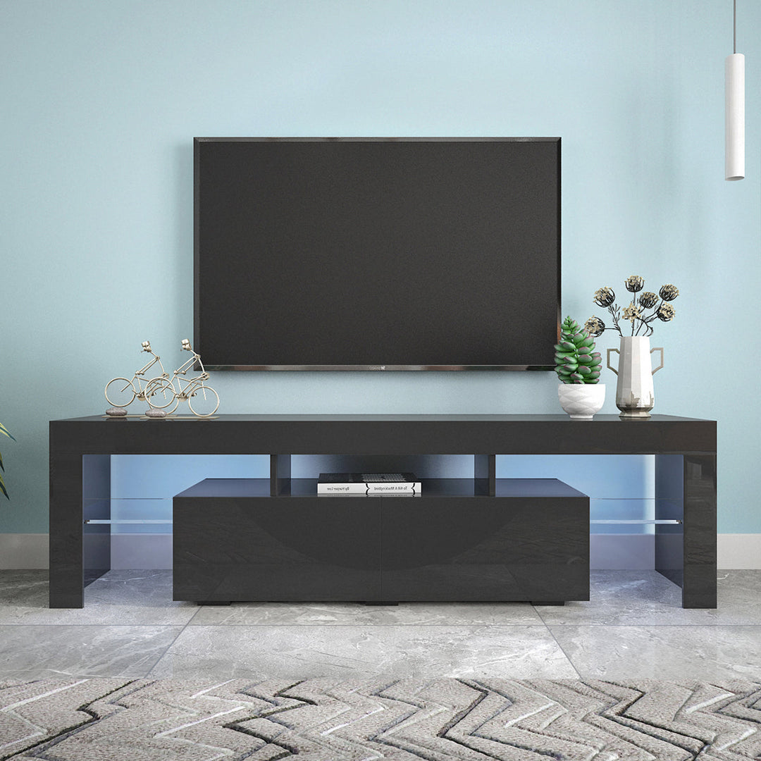 Modern Black TV Stand for 70-inch TV with 20 Colors LED Lights Remote Control Image 3