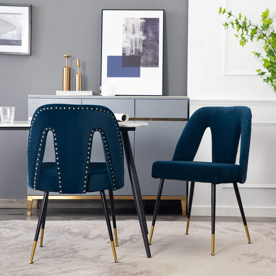 Modern Blue Velvet Upholstered Dining Chairs with Nailheads and Gold Tipped Black Metal Legs, Set of 2 Image 1