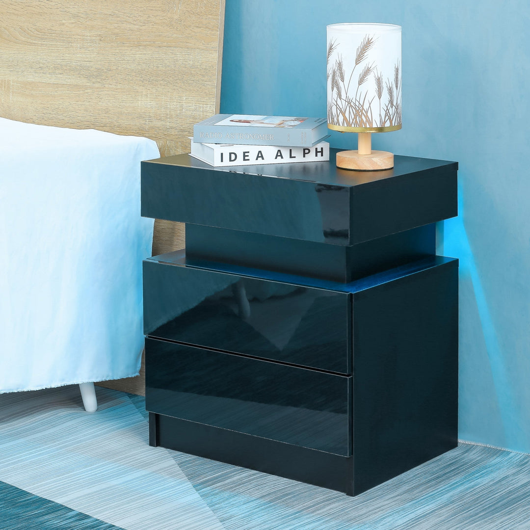 Modern Black LED Nightstand with High Gloss Drawers for Bedroom - Wood LED Bedside Table with LED Lights Image 5