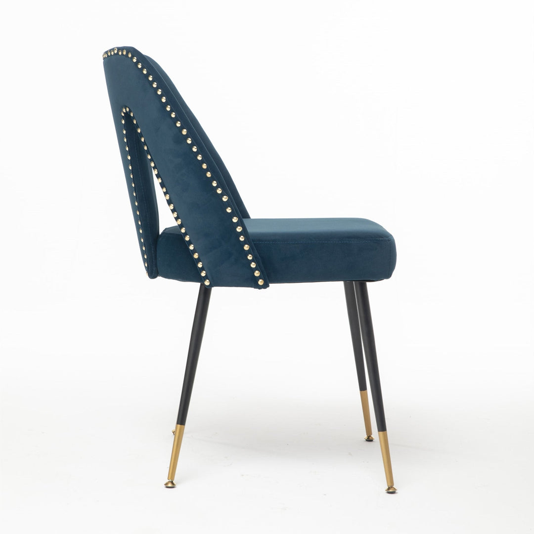 Modern Blue Velvet Dining Chairs Set of 2 Upholstered with Nailheads Gold Legs Image 4