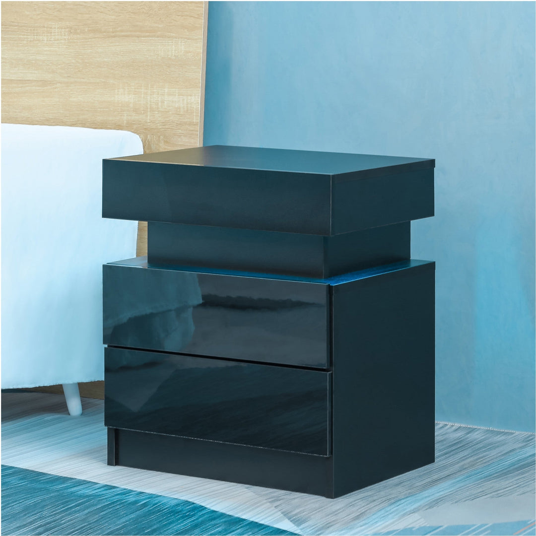 Modern Black LED Nightstand with High Gloss Drawers for Bedroom - Wood LED Bedside Table with LED Lights Image 7