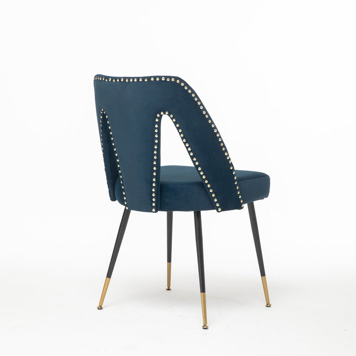 Modern Blue Velvet Dining Chairs Set of 2 Upholstered with Nailheads Gold Legs Image 5