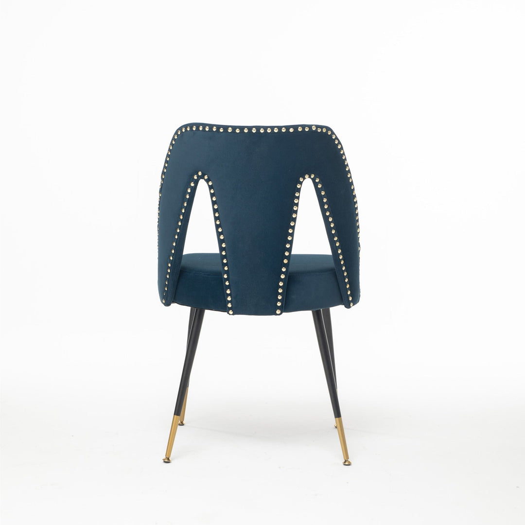 Modern Blue Velvet Dining Chairs Set of 2 Upholstered with Nailheads Gold Legs Image 6